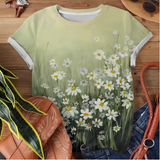 Green Daisy Grass Print T-Shirt – Nature-Inspired Casual Tee for Women