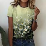 Green Daisy Grass Print T-Shirt – Nature-Inspired Casual Tee for Women