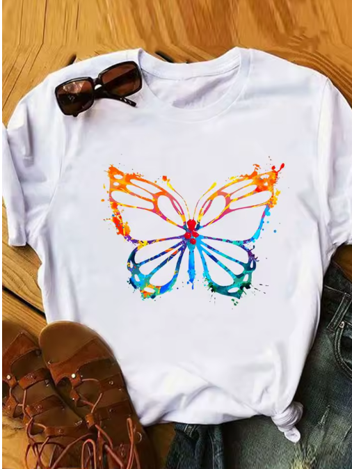 90s Butterfly & Heart Print T-Shirt – Trendy Summer Tee for Women