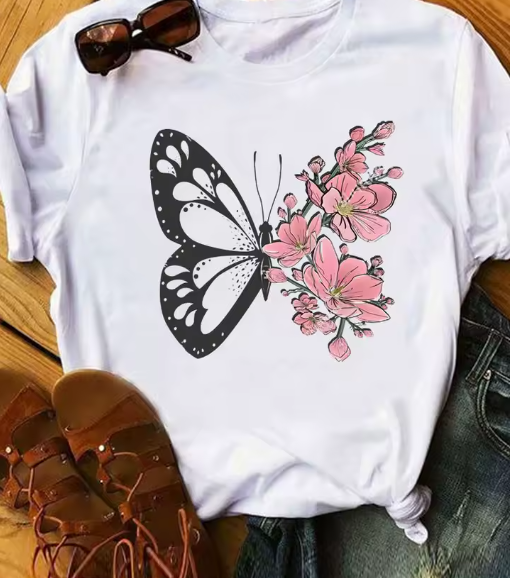90s Butterfly & Heart Print T-Shirt – Trendy Summer Tee for Women