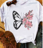 90s Butterfly & Heart Print T-Shirt – Trendy Summer Tee for Women