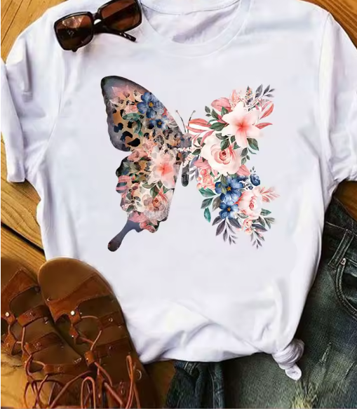 90s Butterfly & Heart Print T-Shirt – Trendy Summer Tee for Women