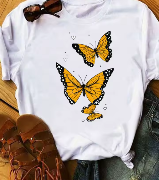 90s Butterfly & Heart Print T-Shirt – Trendy Summer Tee for Women