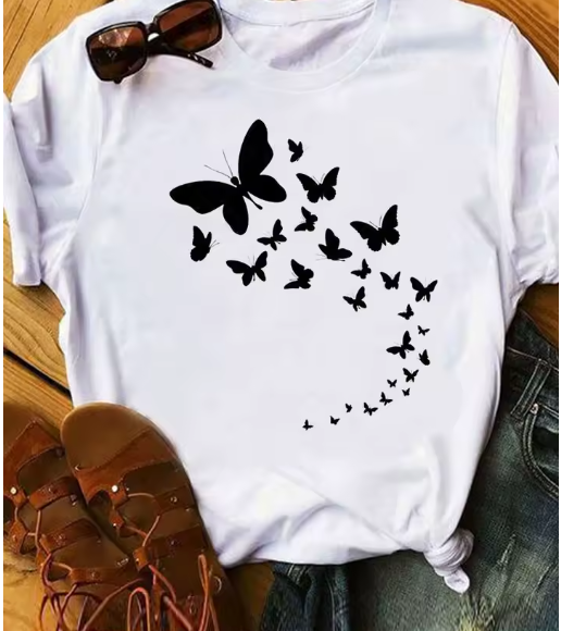 90s Butterfly & Heart Print T-Shirt – Trendy Summer Tee for Women
