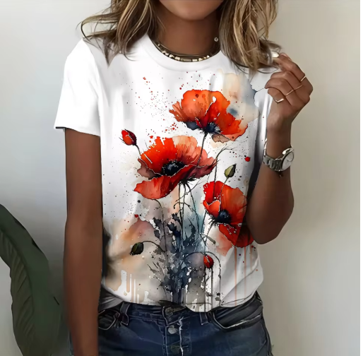 Watercolor Red Flower T-Shirt – Artistic & Comfy Summer Top for Women