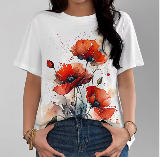 Watercolor Red Flower T-Shirt – Artistic & Comfy Summer Top for Women