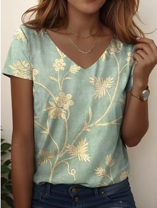 Floral Graphic V-Neck T-Shirt – Casual Oversized Summer Tee for Women