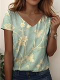 Floral Graphic V-Neck T-Shirt – Casual Oversized Summer Tee for Women