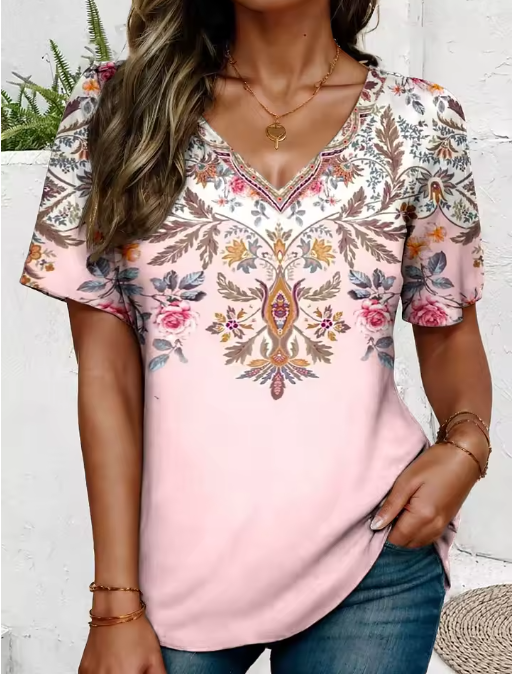 Floral Graphic V-Neck T-Shirt – Casual Oversized Summer Tee for Women