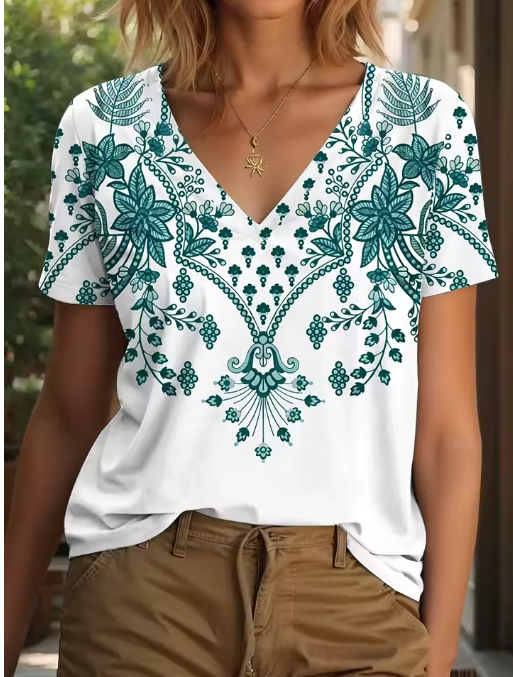 Floral Graphic V-Neck T-Shirt – Casual Oversized Summer Tee for Women