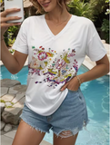 Floral Graphic V-Neck T-Shirt – Casual Oversized Summer Tee for Women
