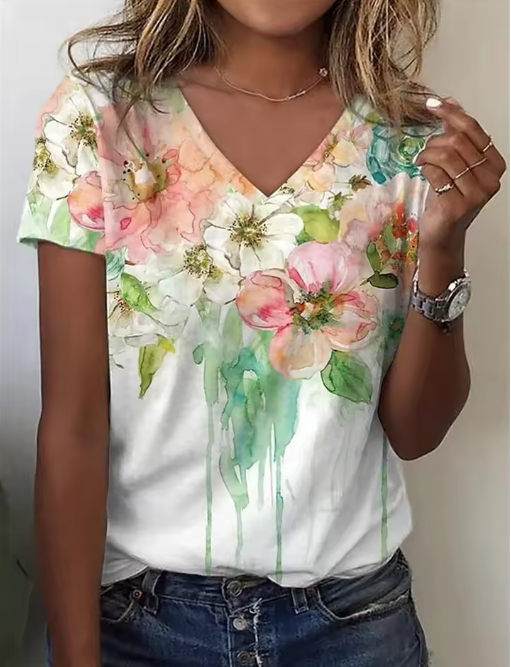 Floral Graphic V-Neck T-Shirt – Casual Oversized Summer Tee for Women