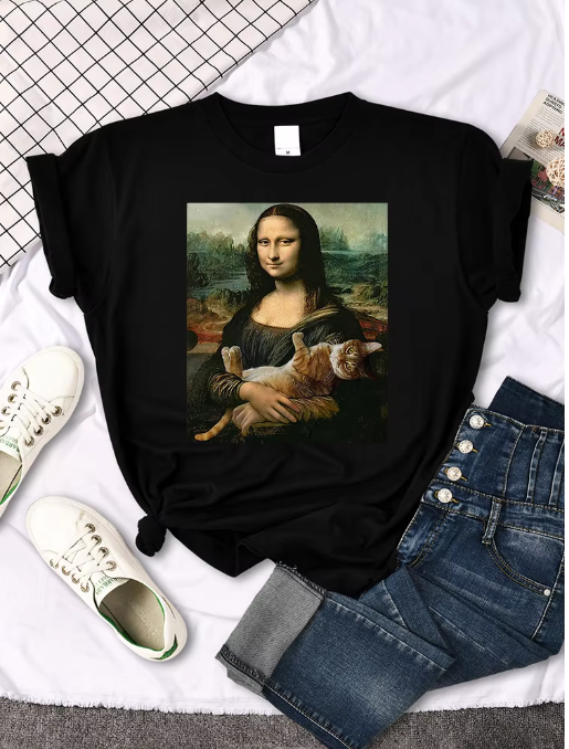 Funny Mona Lisa Cat T-Shirt – Cute & Casual Oversized Tee for Women