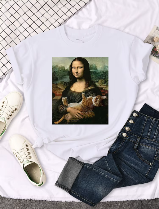 Funny Mona Lisa Cat T-Shirt – Cute & Casual Oversized Tee for Women