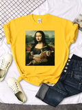 Funny Mona Lisa Cat T-Shirt – Cute & Casual Oversized Tee for Women
