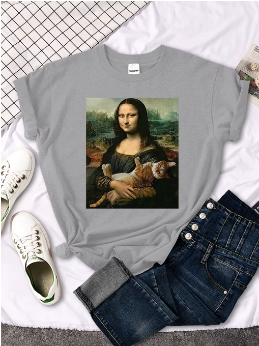 Funny Mona Lisa Cat T-Shirt – Cute & Casual Oversized Tee for Women