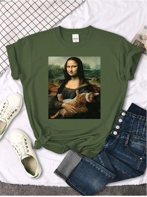 Funny Mona Lisa Cat T-Shirt – Cute & Casual Oversized Tee for Women