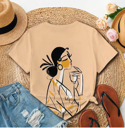 Women's Beige T-Shirt with Cartoon Girl Print – Fun & Casual
