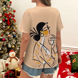 Women's Beige T-Shirt with Cartoon Girl Print – Fun & Casual