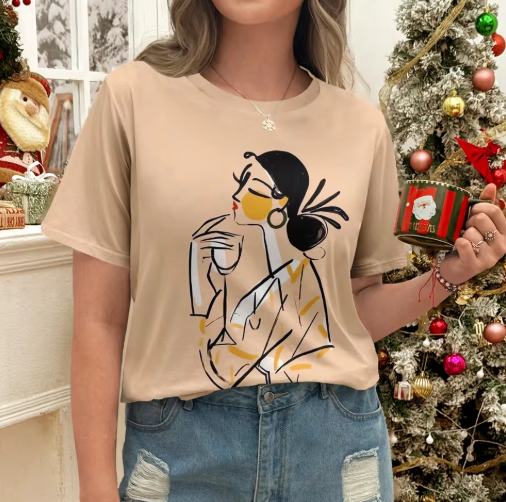 Women's Beige T-Shirt with Cartoon Girl Print – Fun & Casual