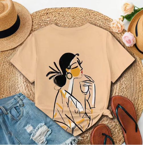 Women's Beige T-Shirt with Cartoon Girl Print – Fun & Casual