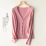 Women's Korean Fashion V-Neck Knitted Cardigan – Single Breasted Solid Sweater for Spring & Autumn