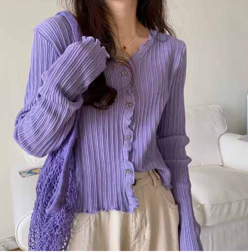 Women's Summer Cropped Cardigan – Sweet Korean Style with V-Neck and Ruched Detail