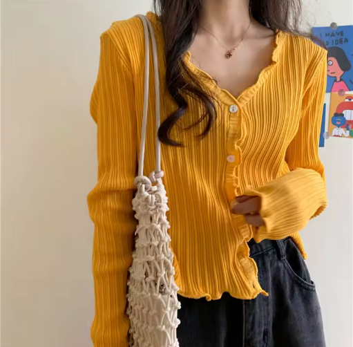 Women's Summer Cropped Cardigan – Sweet Korean Style with V-Neck and Ruched Detail