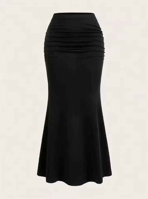 Elegant High-Waisted Ruched Mermaid Maxi Skirt for Women – Black