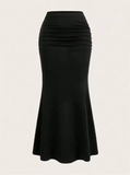 Elegant High-Waisted Ruched Mermaid Maxi Skirt for Women – Black