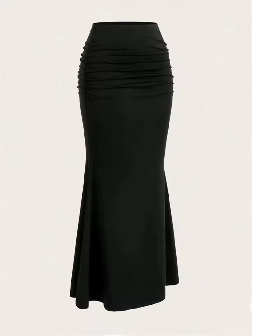 Elegant High-Waisted Ruched Mermaid Maxi Skirt for Women – Black