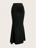 Elegant High-Waisted Ruched Mermaid Maxi Skirt for Women – Black