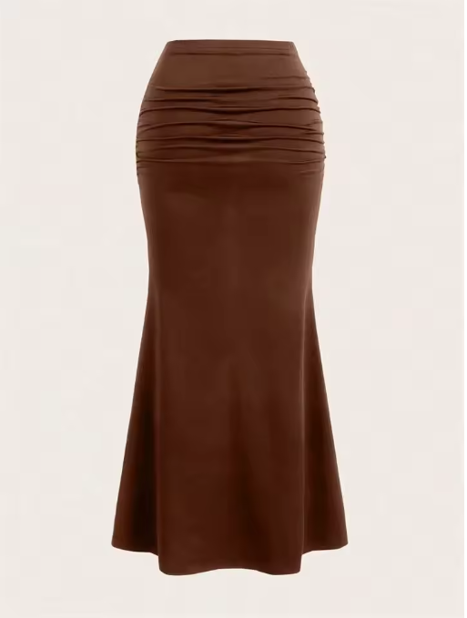 Elegant High-Waisted Ruched Mermaid Maxi Skirt for Women – Black