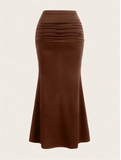 Elegant High-Waisted Ruched Mermaid Maxi Skirt for Women – Black