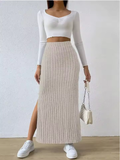 Elegant Rib-Knit Maxi Skirt with Side Slit – High Waist & Casual Charm  ✨ Description: