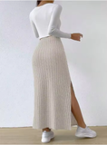 Elegant Rib-Knit Maxi Skirt with Side Slit – High Waist & Casual Charm  ✨ Description: