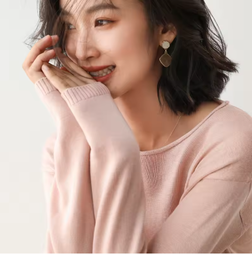 Spring & Autumn Korean Style Women's Loose Knit Sweater – Casual Basic Stretch Pullover in Sky Blue & Pink