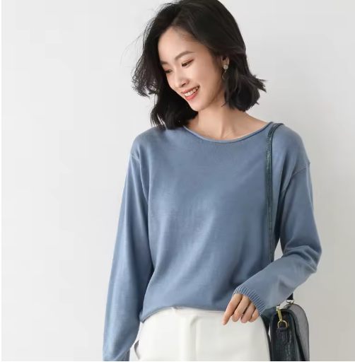 Spring & Autumn Korean Style Women's Loose Knit Sweater – Casual Basic Stretch Pullover in Sky Blue & Pink