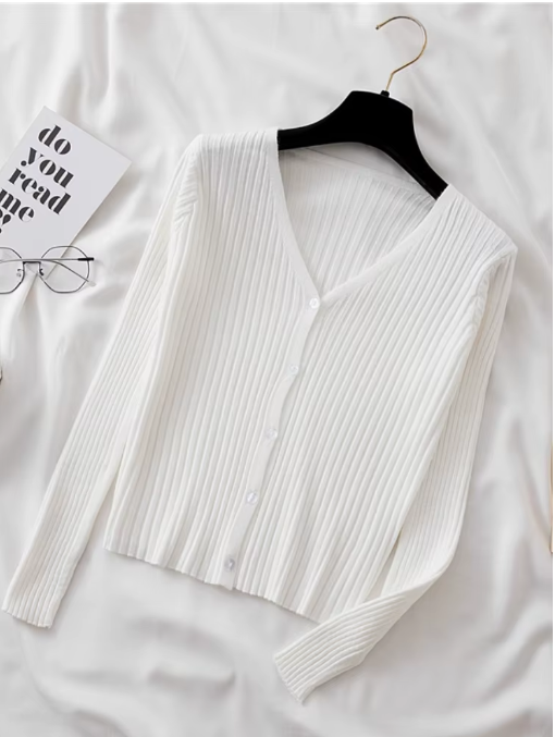 AOSSVIAO 2025 One-Button Ribbed Knit Crop Cardigan – Fairycore Summer Style