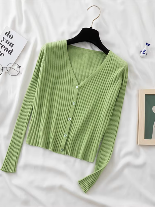 AOSSVIAO 2025 One-Button Ribbed Knit Crop Cardigan – Fairycore Summer Style