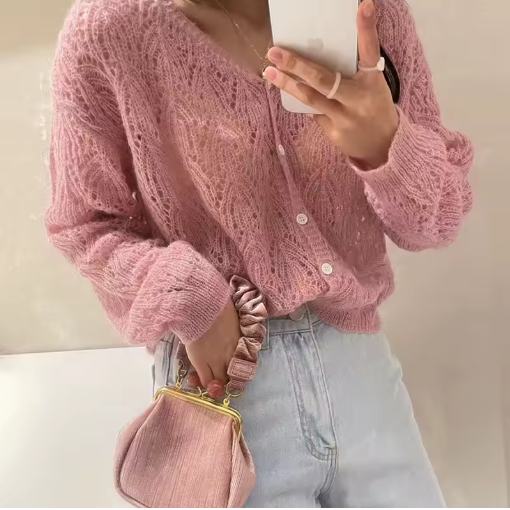 Women's V-Neck Hollow-Out Long Sleeve Cardigan – Light & Elegant
