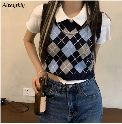 Women's Argyle Knit Sweater Vest – Cropped Preppy Street Style