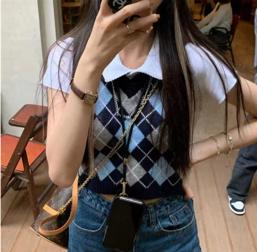 Women's Argyle Knit Sweater Vest – Cropped Preppy Street Style