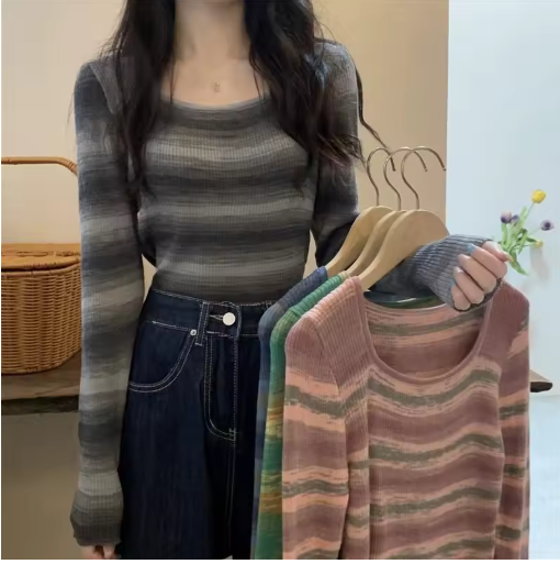 Women's Korean Square Collar Knitted Top – Y2K Slim Fit Style