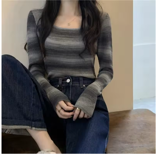 Women's Korean Square Collar Knitted Top – Y2K Slim Fit Style