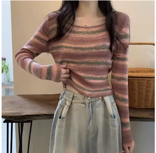Women's Korean Square Collar Knitted Top – Y2K Slim Fit Style