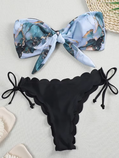 Scalloped Marble Print Bandeau Bikini Set – Knotted Two-Piece Swimwear for Women
