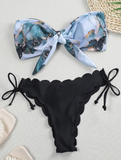 Scalloped Marble Print Bandeau Bikini Set – Knotted Two-Piece Swimwear for Women