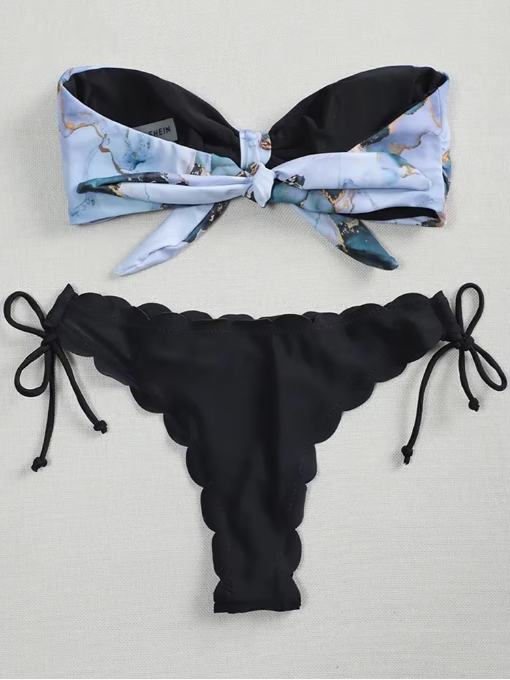 Scalloped Marble Print Bandeau Bikini Set – Knotted Two-Piece Swimwear for Women