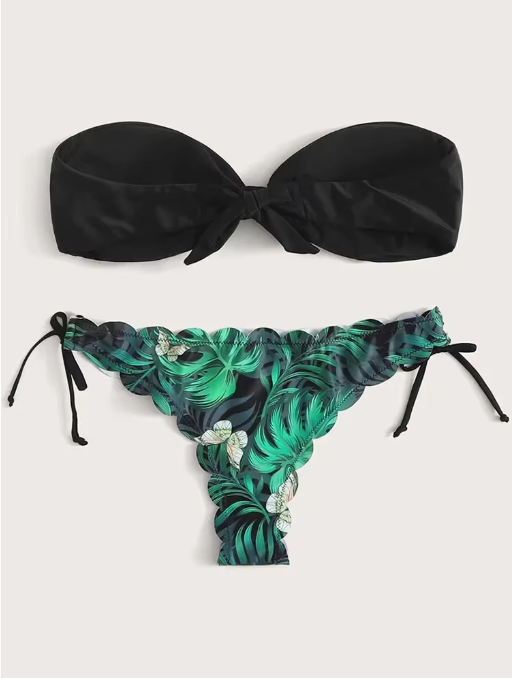 Scalloped Marble Print Bandeau Bikini Set – Knotted Two-Piece Swimwear for Women